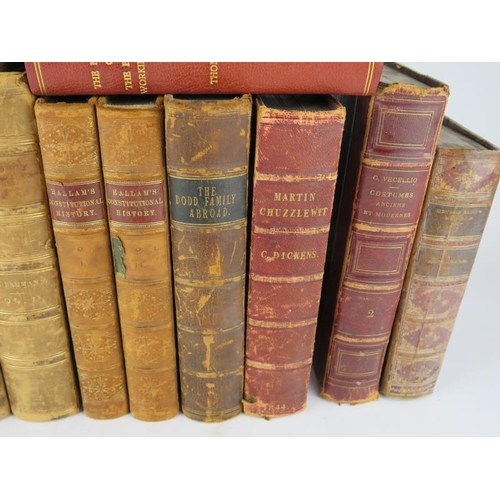 284 - Seventeen mixed 19th century leather bound books with attractive bindings, including Charles Dickens... 