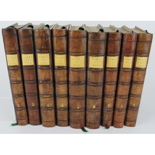 296 - Nine volumes: The Works of Alexander Pope Esq, 1751, published by Mr Warburton. Re-bound in full lea... 