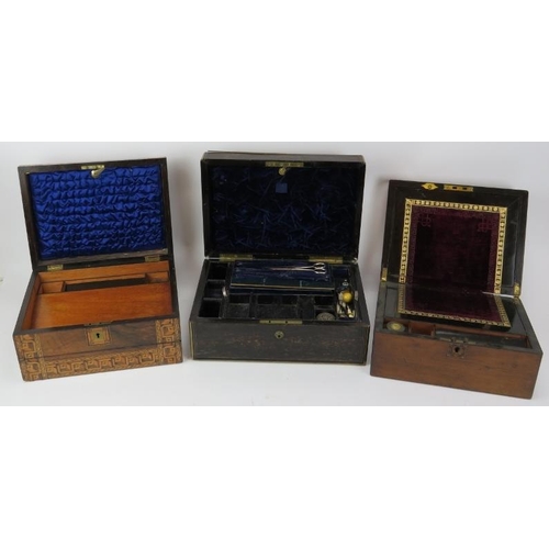 300B - Three Victorian wooden writing boxes. Some miscellaneous contents included as illustrated. (3 items)... 