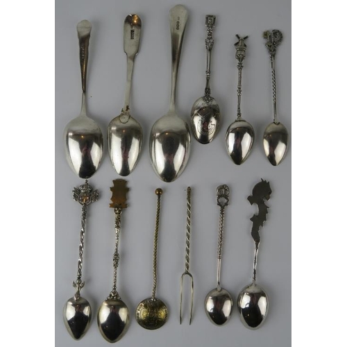 315 - 11 mixed silver and white metal teaspoons and a fork, including three fully hallmarked, three with c... 