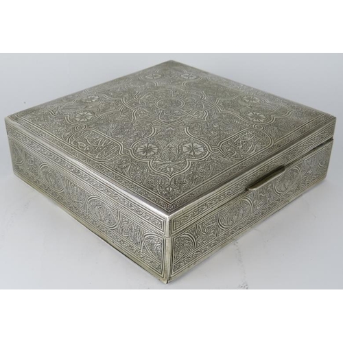 320 - A large Egyptian white metal trinket box with finely engraved decoration of Islamic form. Bears Egyp... 