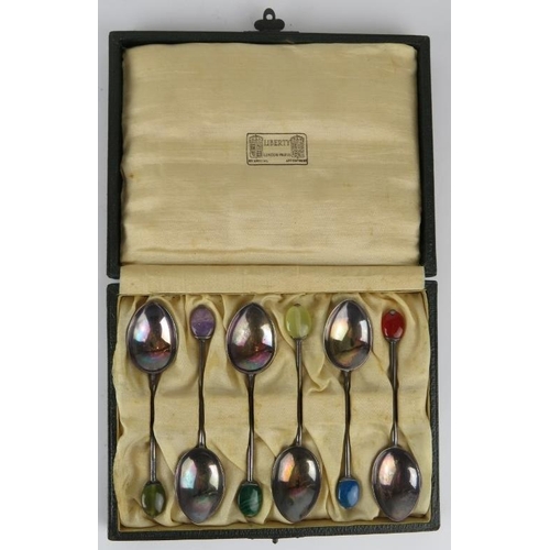 322 - A boxed set of Liberty & Co silver coffee spoons with semi-precious gemstone terminals, hallmarked f... 