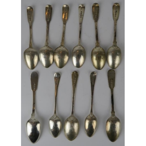 334 - 11 mixed silver teaspoons, mainly Georgian.  Mixed hallmarks.  Gross combined weight 228 grams