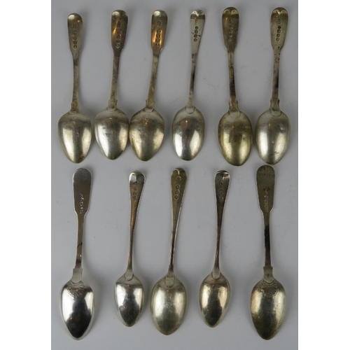 334 - 11 mixed silver teaspoons, mainly Georgian.  Mixed hallmarks.  Gross combined weight 228 grams