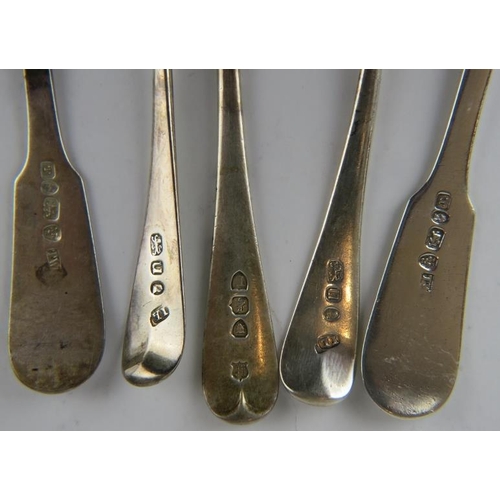 334 - 11 mixed silver teaspoons, mainly Georgian.  Mixed hallmarks.  Gross combined weight 228 grams