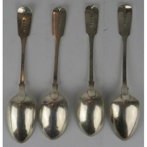 335 - Four  19th century silver fiddle pattern tablespoons with engraved crests.  Mixed hallmarks. Gross c... 