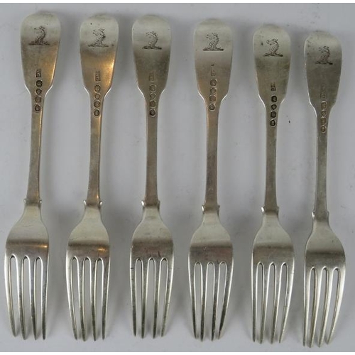 336 - Set of six George IV silver fiddle pattern forks, each engraved with a dragon's head crest.  Hallmar... 