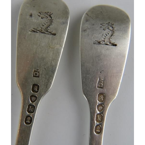 336 - Set of six George IV silver fiddle pattern forks, each engraved with a dragon's head crest.  Hallmar... 