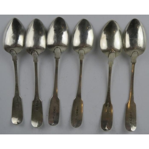 337 - Set of six fiddle pattern Irish silver dessert spoons, each engraved with a swan and arrow crest.  H... 