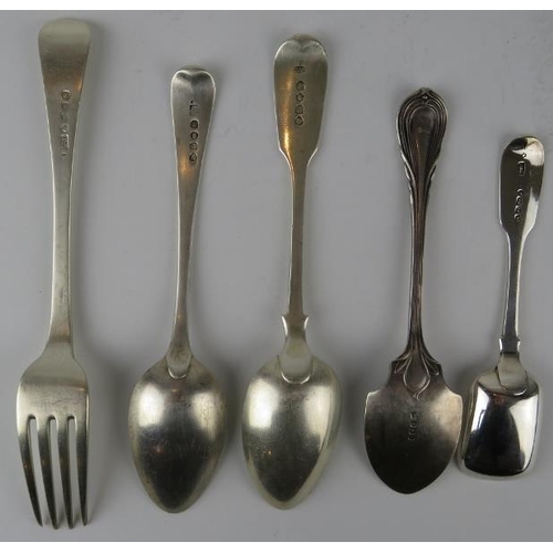 339 - Four mixed 19th century silver spoons and a similar fork.  Various hallmarks. Gross combined weight ... 