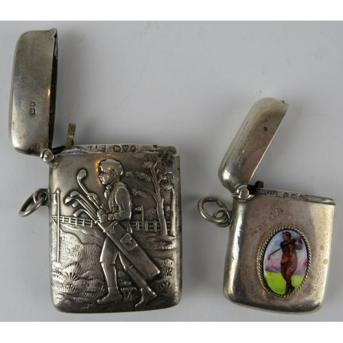 340 - Two golf themed silver vesta cases, one with an embossed image of a golfer, hallmarked Chester 1906 ... 