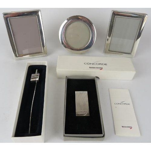 350 - Three British Airways Concorde silver photo frames, a boxed Concorde silver money clip and a boxed C... 