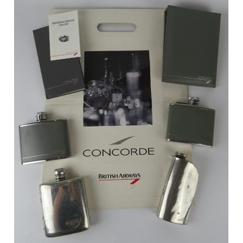 351 - Two British Airways Concorde leather bound hip flasks, two Concorde pewter hip flasks, two Concorde ... 