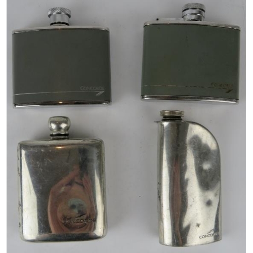 351 - Two British Airways Concorde leather bound hip flasks, two Concorde pewter hip flasks, two Concorde ... 