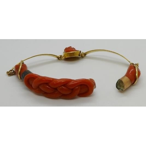 369 - A late 19th century Continental carved coral snake bracelet with yellow metal engraved bars and carv... 