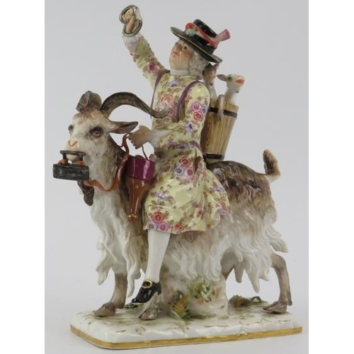 37 - A Meissen porcelain figure of a tailor riding a goat modelled after Count von Bruhl, 19th century. F... 