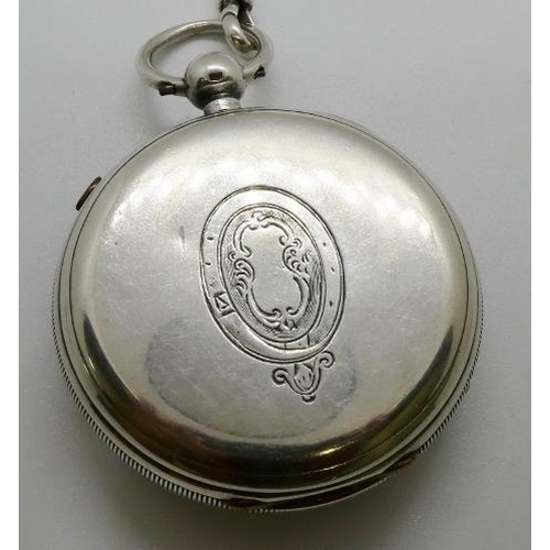 383 - A silver cased Marine decimal chronograph pocket watch, enamel face, engraved cartouche to reverse, ... 