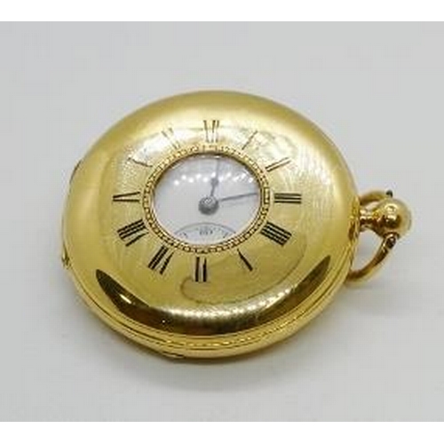 384 - A Victorian 18ct gold half hunter c.1865, key wind, white dial black Roman Numerals and outer minute... 