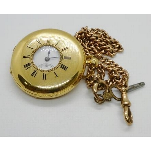 384 - A Victorian 18ct gold half hunter c.1865, key wind, white dial black Roman Numerals and outer minute... 