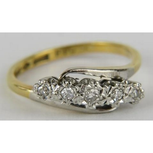 390 - A 5 stone diamond ring, approx. 0.050cts in 18ct yellow and white gold, finger size O 3.3gms All wei... 