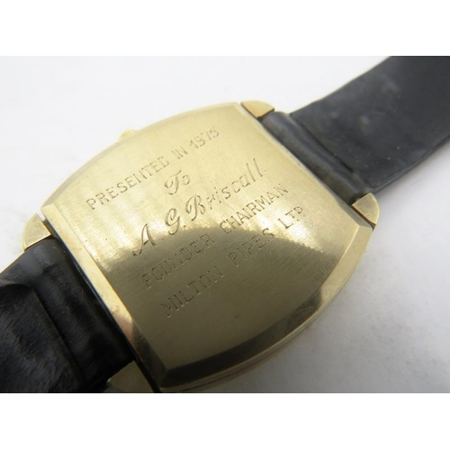 394 - A 9ct gold square faced vintage Longines Ultronic gentleman's wristwatch with black leather strap, b... 