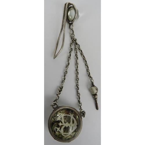 398 - A 19th century Charles Oudin Palais Royal chatelaine globe watch & key with French silver marks.
Con... 