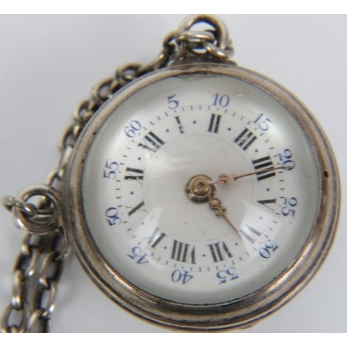 398 - A 19th century Charles Oudin Palais Royal chatelaine globe watch & key with French silver marks.
Con... 