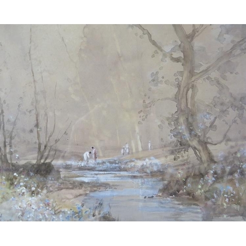 501 - Tom Campbell (1865-1943) - A framed & glazed watercolour, 'figures by a woodland stream', signed low... 