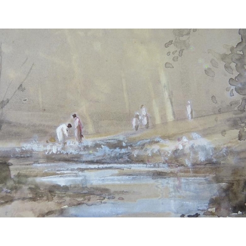 501 - Tom Campbell (1865-1943) - A framed & glazed watercolour, 'figures by a woodland stream', signed low... 