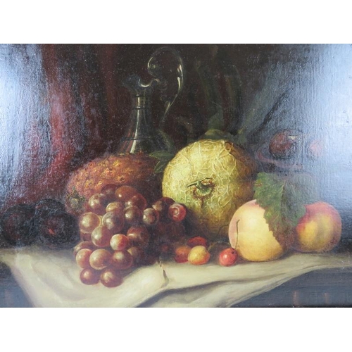 503 - A framed oil on canvas, 'still life fruit on a table', beautifully painted. 36cm x 48cm (14