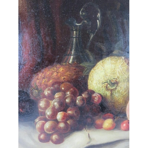 503 - A framed oil on canvas, 'still life fruit on a table', beautifully painted. 36cm x 48cm (14