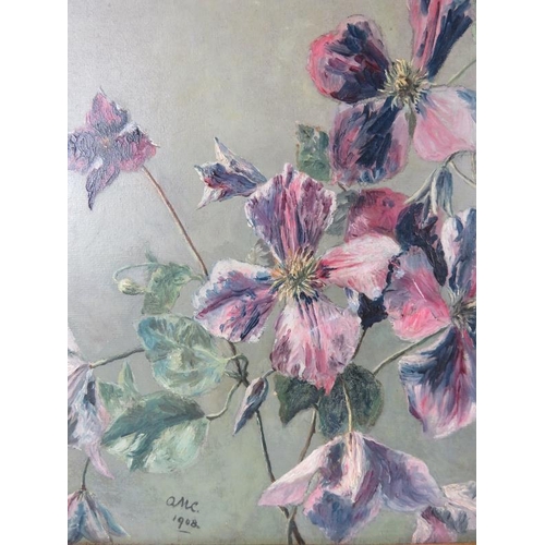 508 - British School - A pair of framed oil on board early 20th century 'study of flowers', signed mono lo... 