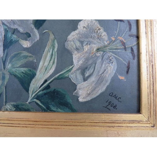 508 - British School - A pair of framed oil on board early 20th century 'study of flowers', signed mono lo... 