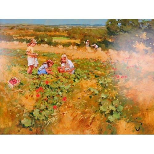 509 - John Haskin, b. 1938 - A framed oil on board, 'children in a poppy field with farmers collecting hay... 