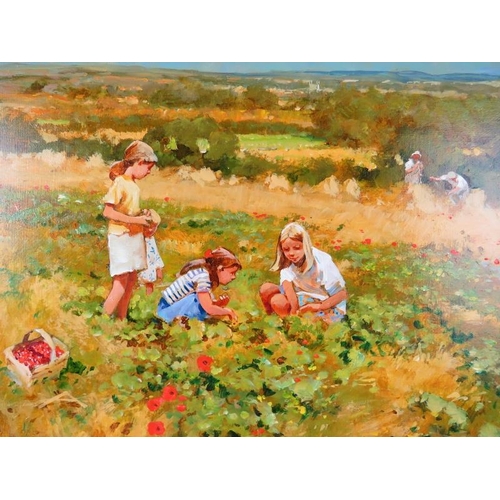 509 - John Haskin, b. 1938 - A framed oil on board, 'children in a poppy field with farmers collecting hay... 