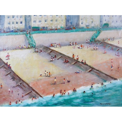 513 - Milward - A framed oil on board, 'Beach scene (Brighton) with promenade', signed Milward lower right... 