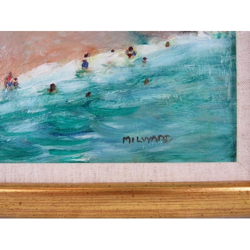 513 - Milward - A framed oil on board, 'Beach scene (Brighton) with promenade', signed Milward lower right... 