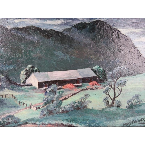 517 - Meryl Watts (1910-1992) - A framed oil on board, 'Welsh landscape scene with cabins beneath the hill... 