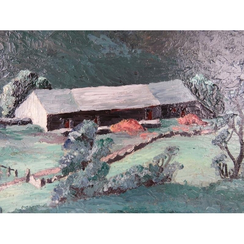 517 - Meryl Watts (1910-1992) - A framed oil on board, 'Welsh landscape scene with cabins beneath the hill... 