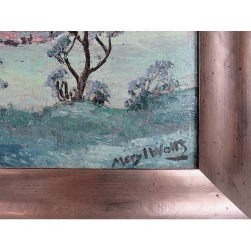 517 - Meryl Watts (1910-1992) - A framed oil on board, 'Welsh landscape scene with cabins beneath the hill... 