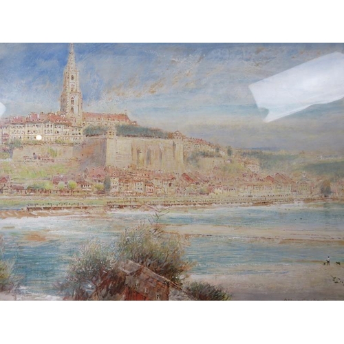 518 - Albert Goodwin (1845-1932) - A framed & glazed watercolour, 'Coastline with church above a defence l... 