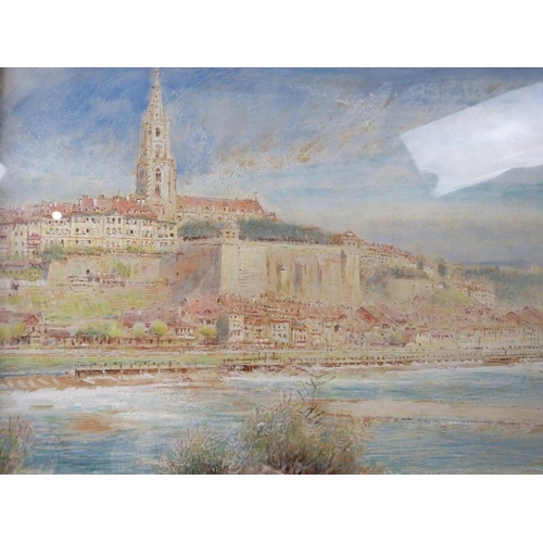 518 - Albert Goodwin (1845-1932) - A framed & glazed watercolour, 'Coastline with church above a defence l... 