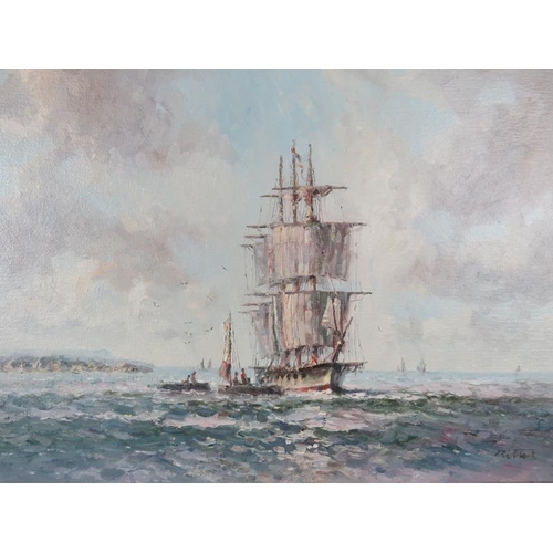 522 - Laszlo Ritter (1937-2003), oil on canvas, 'Sailing ship moored off the coast with smaller vessels su... 