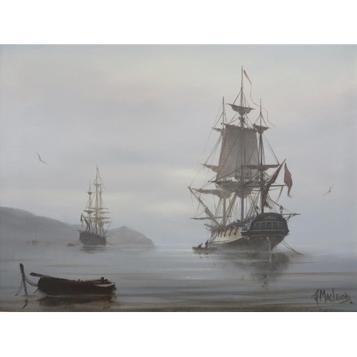 524 - Donald MacLeod (B. 1956) St. Ives School - A framed oil on canvas, 'Galleon and other vessels in cal... 