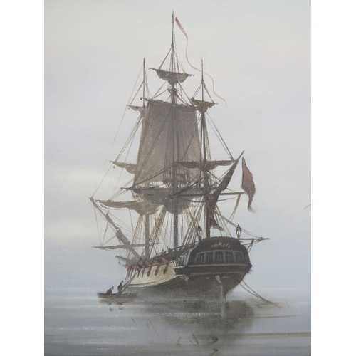 524 - Donald MacLeod (B. 1956) St. Ives School - A framed oil on canvas, 'Galleon and other vessels in cal... 