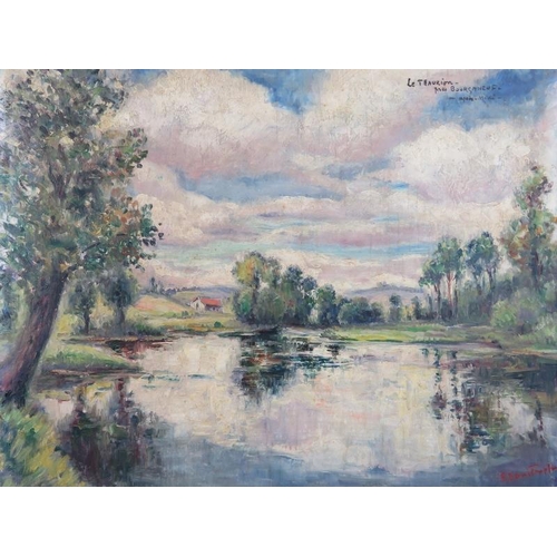 525 - F Bontempl - A framed oil on board, 'Country landscape scene with lake in the foreground', signed lo... 