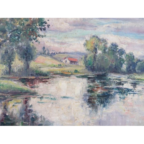 525 - F Bontempl - A framed oil on board, 'Country landscape scene with lake in the foreground', signed lo... 