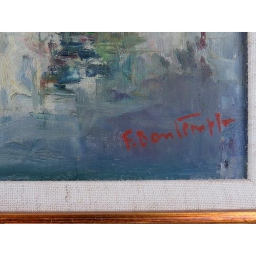 525 - F Bontempl - A framed oil on board, 'Country landscape scene with lake in the foreground', signed lo... 