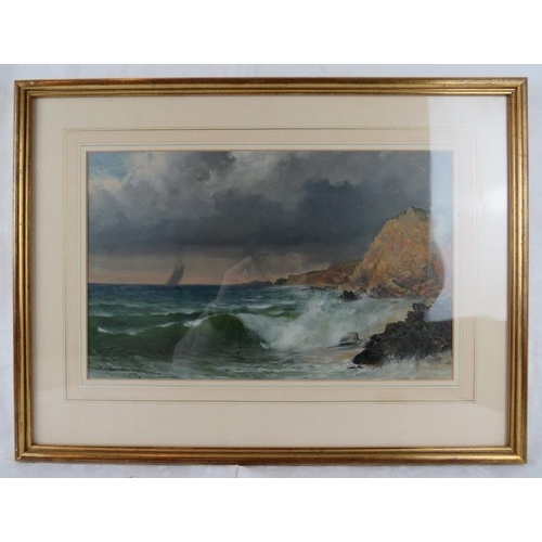 527 - W C Sanders (19th century, British) - A framed & glazed watercolour, 'Ship off the coast with crashi... 