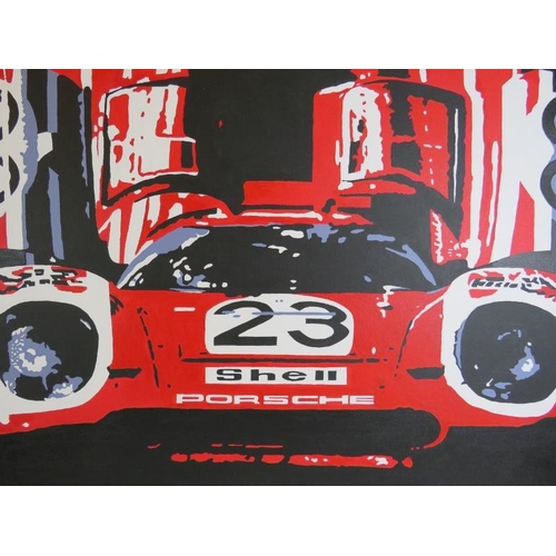 531 - Mark Fuller - An unframed Porsche racing car, oil on canvas. 76cm x 102cm (30